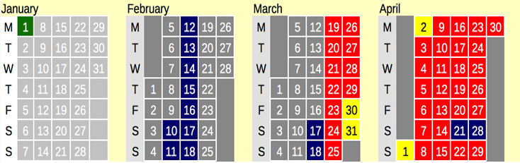 Click on coloured date for Train Timetable