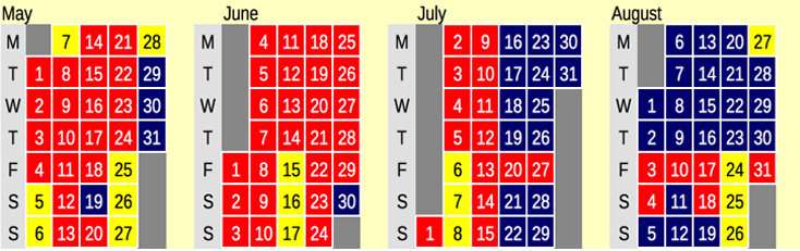 Click on coloured date for Train Timetable