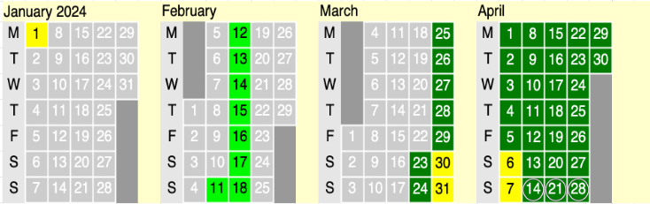 Click on coloured date for Train Timetable