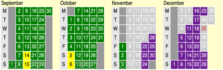 Click on coloured date for Train Timetable