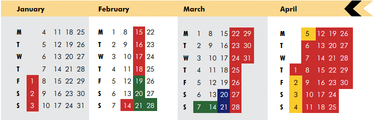 Click on coloured date for Train Timetable