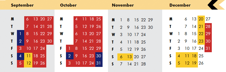 Click on coloured date for Train Timetable